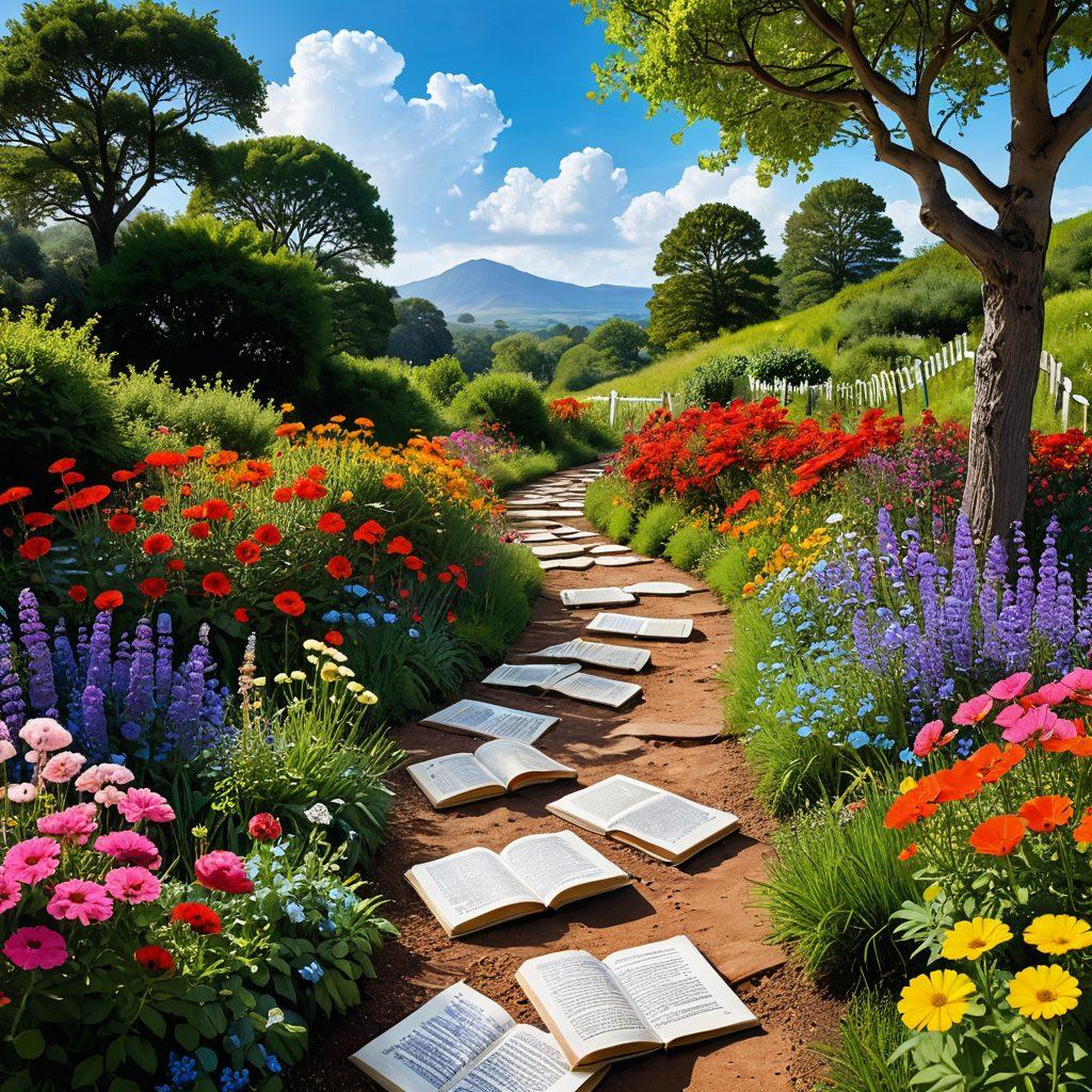 A visual representation of a winding path through a vibrant landscape, with signposts labeled 'Syntax' and 'Semantics' along the way. Include open books scattered around featuring highlighted phrases, symbolizing rich word usage and meaning. In the background, a bright sky filled with thought bubbles of various words and definitions. Render in a whimsical, painterly style. vibrant colors. 3D.
