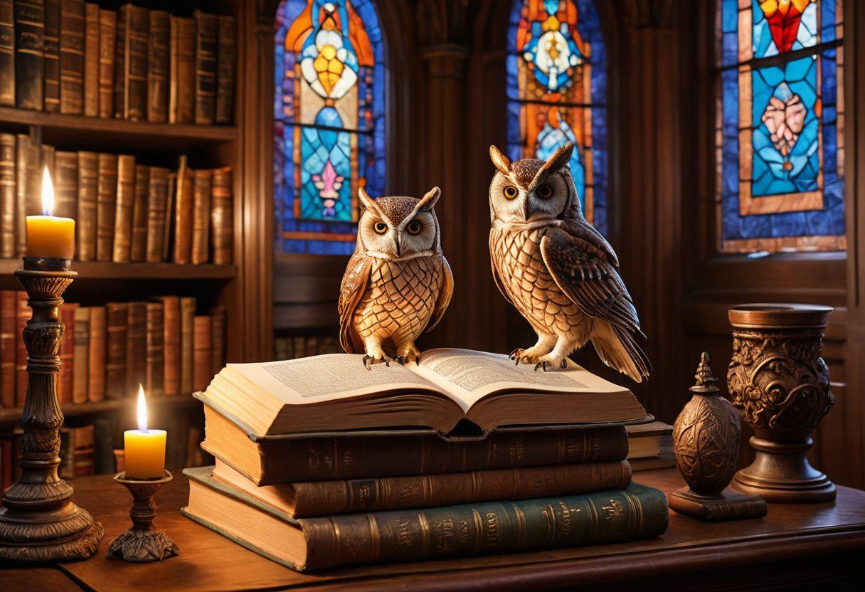 A mystical library filled with ancient books and scrolls, with a glowing open book in the foreground revealing etymology charts and word origins. Ethereal letters and symbols float around, showcasing the beauty of language. A wise owl perched atop a stack of books, embodying wisdom in word usage. Enchanting light filtering through stained glass windows, casting colorful patterns. whimsical, vibrant colors, fantasy art.