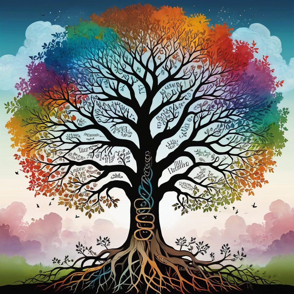 An intricate illustration featuring a tree with deep roots, each root labeled with words from various languages representing their origins. The branches are filled with colorful leaves shaped like letters from the alphabet, showcasing the evolution of language. Surround the tree with swirling clouds made of ink, symbolizing the fluid nature of words throughout time. The background is a subtle gradient, enhancing the focus on the tree. vibrant colors. whimsical style.